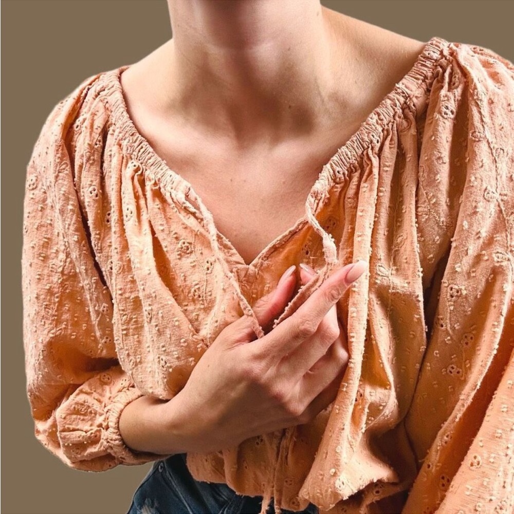 XL JOIE Eyelet Boho Fairy scoop neck w/ long ties style cottage blouse in Peach